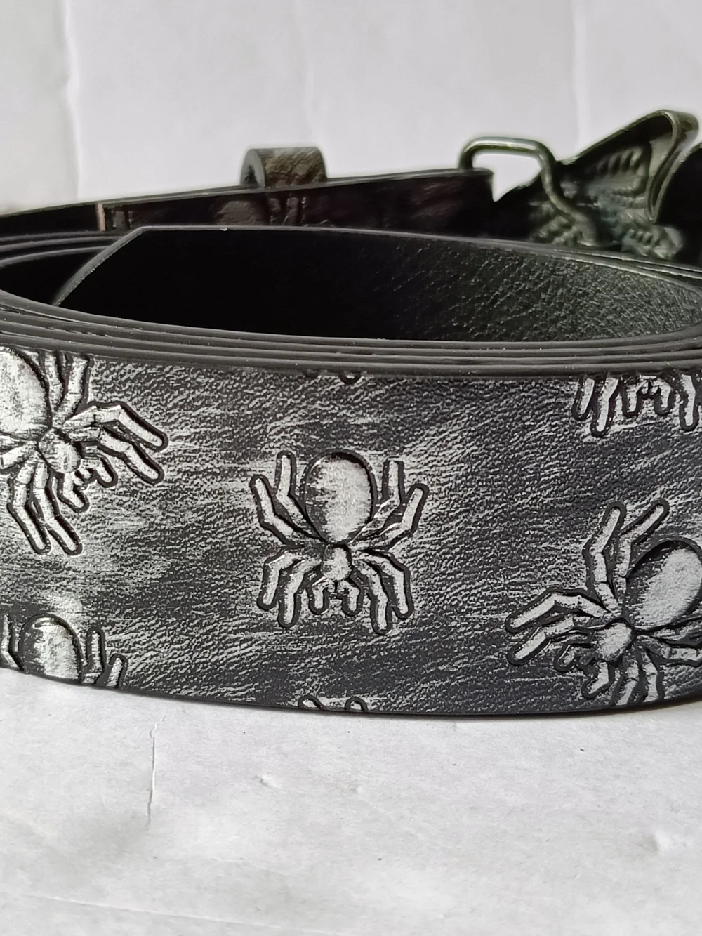 Black Leather Belt Winged Skull Buckle Adjustable 45 Inches